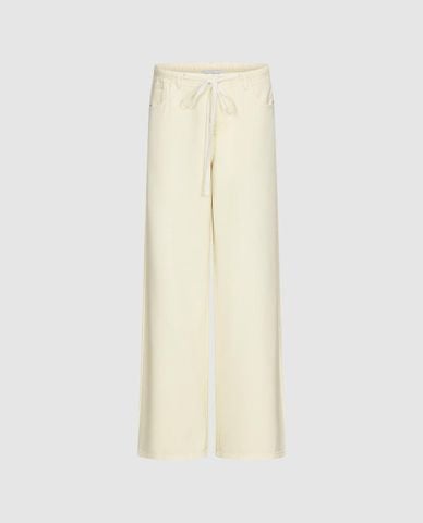  URBAN REVIVO - Quần jeans nữ ống rộng lưng thun phối dây rút 