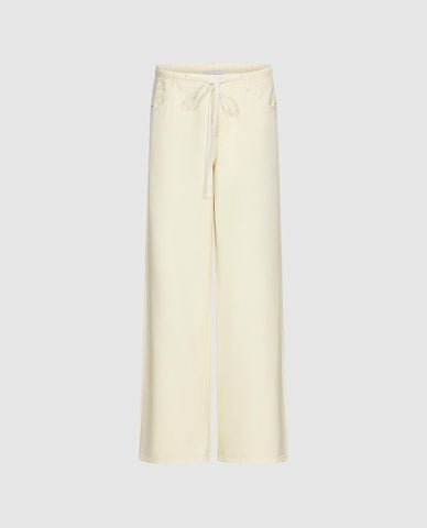  URBAN REVIVO - Quần jeans nữ ống rộng lưng thun phối dây rút 