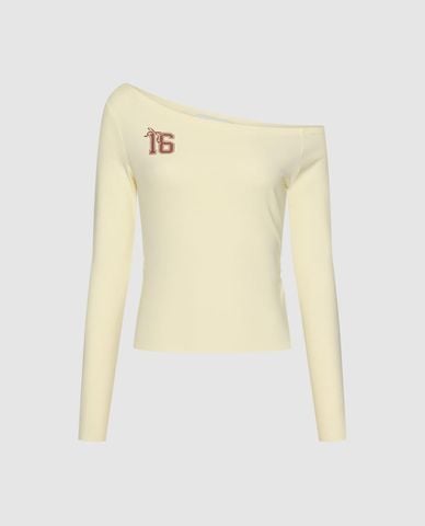  URBAN REVIVO - Áo trễ vai nữ tay dài in số phom ôm 