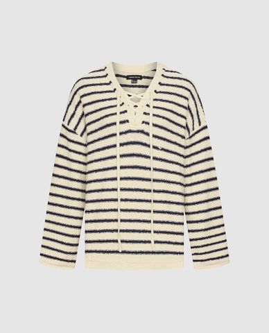  URBAN REVIVO - Áo dệt kim nữ cổ V tay dài kẻ sọc 