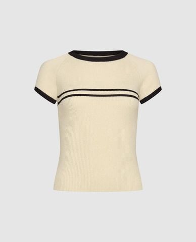  URBAN REVIVO - Áo dệt kim nữ cổ tròn tay ngắn phối sọc 