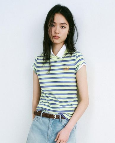  URBAN REVIVO - Áo thun nữ cổ tròn tay ngắn kẻ sọc 