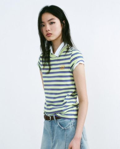  URBAN REVIVO - Áo thun nữ cổ tròn tay ngắn kẻ sọc 