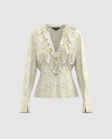  URBAN REVIVO - Áo kiểu nữ hoa nhí tay dài Ruffle 