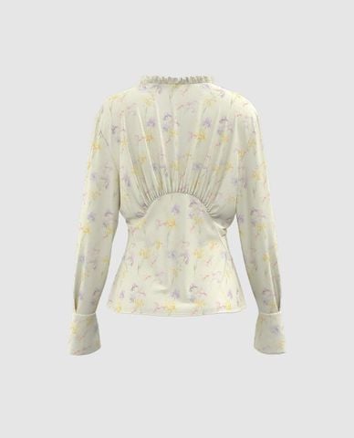  URBAN REVIVO - Áo kiểu nữ hoa nhí tay dài Ruffle 