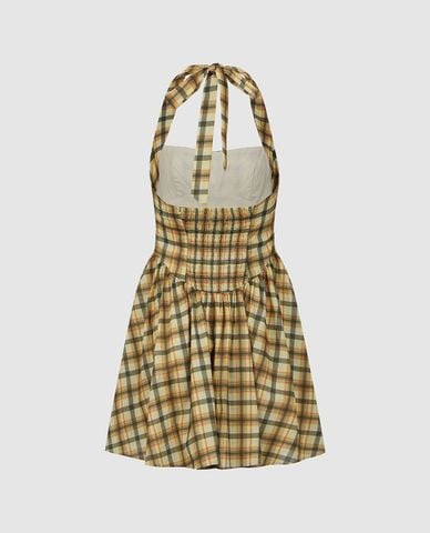  URBAN REVIVO - Đầm mini cổ yếm họa tiết kẻ caro 