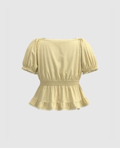  URBAN REVIVO - Áo kiểu nữ cổ vuông tay phồng Ruffle 