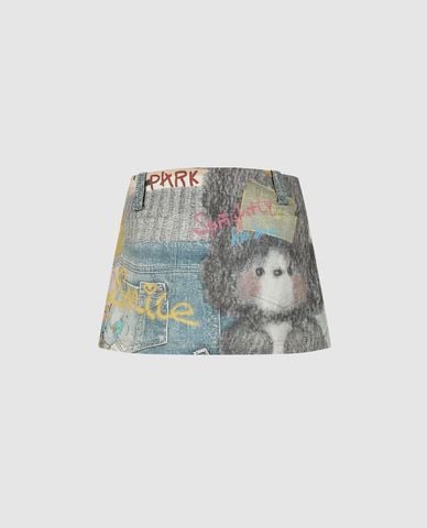  URBAN REVIVO - Chân váy denim mini họa tiết nghệ thuật 