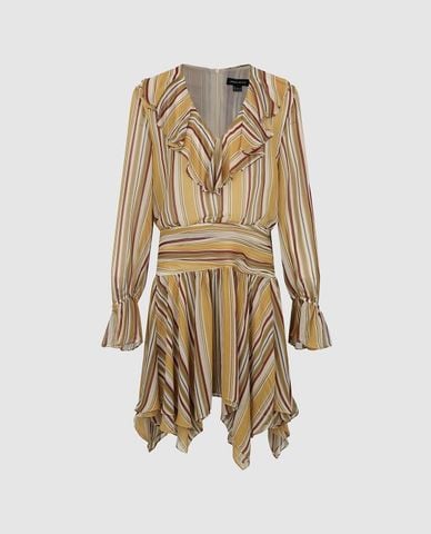  URBAN REVIVO - Đầm mini cổ V tay dài kẻ sọc bèo nhún 