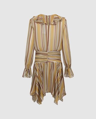 URBAN REVIVO - Đầm mini cổ V tay dài kẻ sọc bèo nhún 