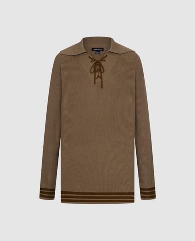  URBAN REVIVO - Áo dệt kim nam cổ bẻ tay dài phối dây rút 