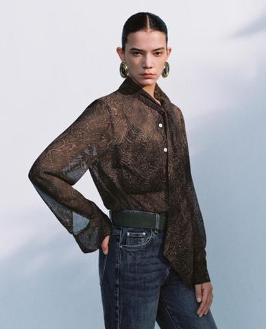  URBAN REVIVO - Áo sơ mi nữ tay dài thắt nơ xuyên thấu 