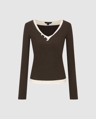  URBAN REVIVO - Áo dệt kim nữ cổ V tay dài phối layer 