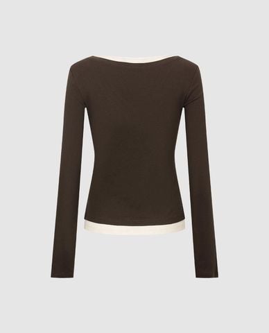  URBAN REVIVO - Áo dệt kim nữ cổ V tay dài phối layer 