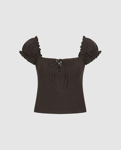  URBAN REVIVO - Áo kiểu nữ tay bồng thắt dây 