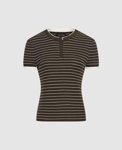  URBAN REVIVO - Áo dệt kim nữ cổ henley tay ngắn kẻ sọc 