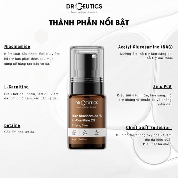 Serum Drceutics Kiềm Dầu, Hỗ Trợ Dưỡng Sáng, Mờ Thâm Basic Niacinamide 8% + L-Carnitine 2% Purifying Serum 40g