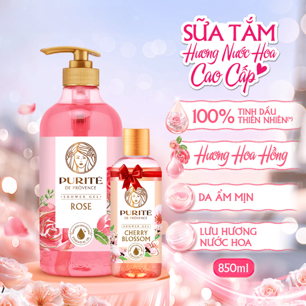 Sữa Tắm Purité Dưỡng Da Mềm Mịn Hương Hoa Hồng Rose Chai 850ml - Tặng 1 chai sữa tắm hoa anh đào