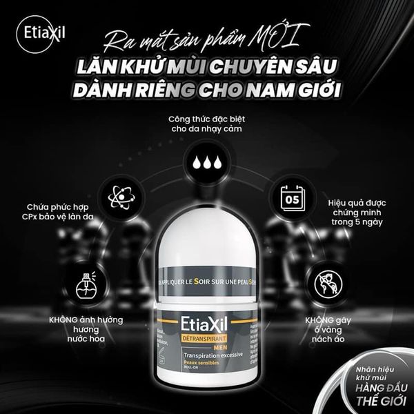 Lăn Khử Mùi EtiaXil Cho Nam Ngăn Mồ Hôi Chuyên Sâu 15ml Detranspirant Men Peaux Sensibles Roll-On