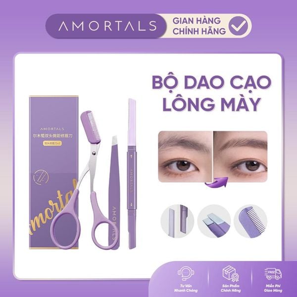 Bộ Dụng Cụ Tỉa Lông Mày 3 Món Amortals Tiện Dụng, Dao Cạo Hai Đầu, Kéo, Nhíp Không Gỉ