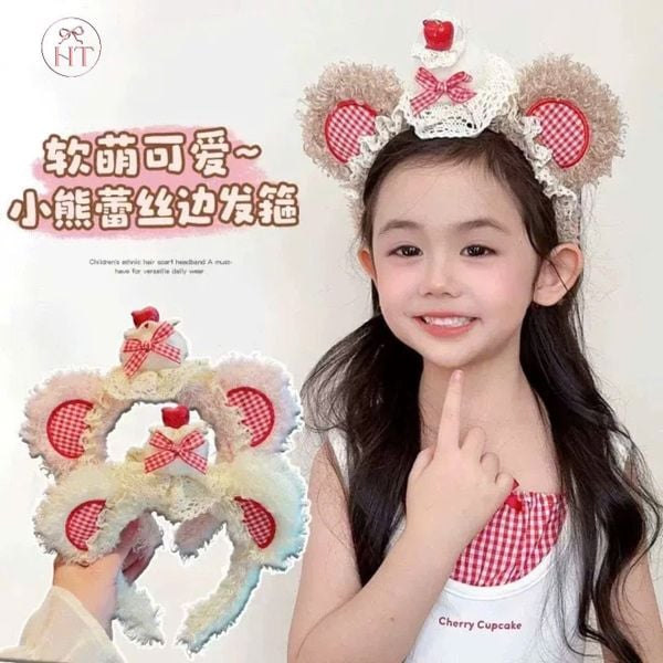 Bờm tai gấu caro nơ cherry