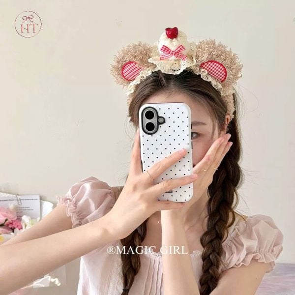 Bờm tai gấu caro nơ cherry