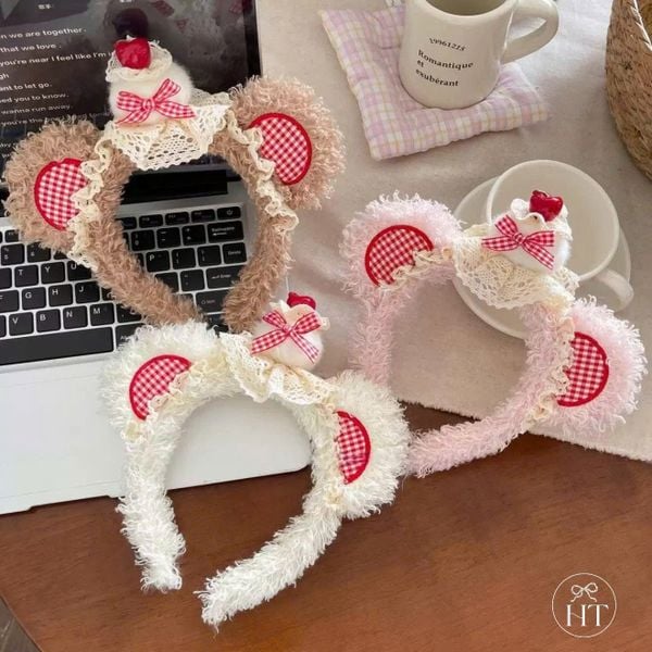 Bờm tai gấu caro nơ cherry