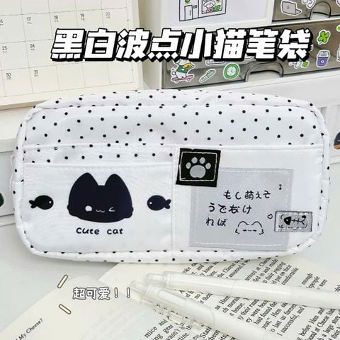 Túi đựng bút xanh trắng chấm bi cute cat