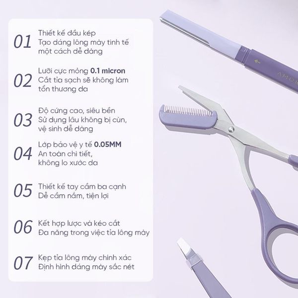 Bộ Dụng Cụ Tỉa Lông Mày 3 Món Amortals Tiện Dụng, Dao Cạo Hai Đầu, Kéo, Nhíp Không Gỉ