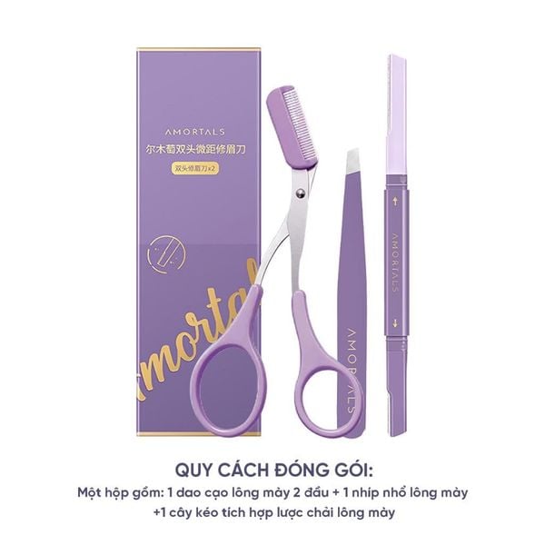 Bộ Dụng Cụ Tỉa Lông Mày 3 Món Amortals Tiện Dụng, Dao Cạo Hai Đầu, Kéo, Nhíp Không Gỉ