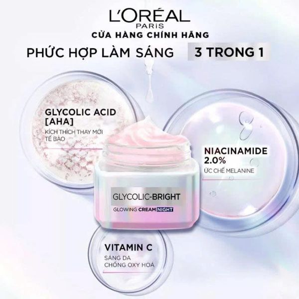 Mini Kem Dưỡng L'Oreal Sáng Mịn Mờ Thâm Nám Ban Đêm 50ml Glycolic-Bright Glowing Cream Night