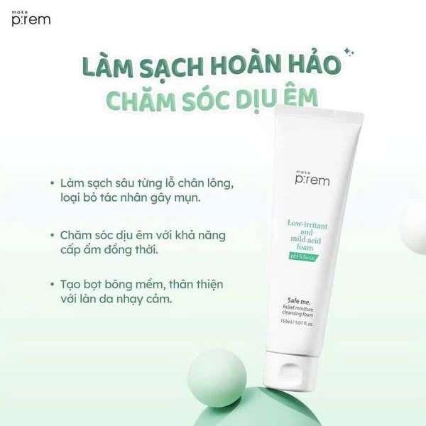 Sữa Rửa Mặt Make P:rem Safe Me Relief Moisture Cleansing Foam Dịu Nhẹ Cho Da 100ml