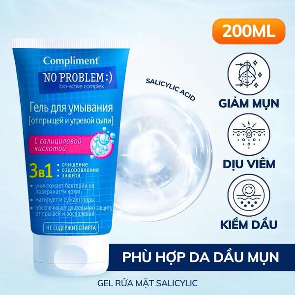 Gel Rửa Mặt Compliment 3 In 1 BHA Ngừa Mụn Kiềm Dầu 200ml No Problem 3in1 Salicylic Acid Cleansing Gel