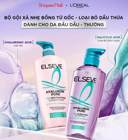 Bội Gội Xả L'Oreal Paris Elseve Hyaluron Pure Purifying Shampoo 620ml & Rehydrating Conditioner 375ml Sạch Nhờn Tóc Ẩm Mượt Bồng Bềnh