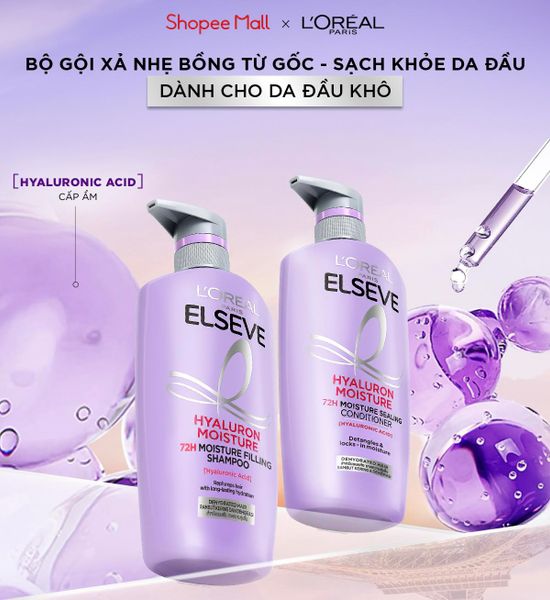 Bộ đôi dầu gội nhẹ bồng mái tóc Elseve 72H HA Moist da đầu khô  L'Oreal Paris 620mlx2