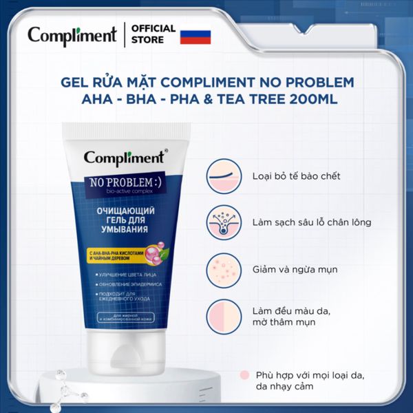 Gel Rửa Mặt Compliment AHA-BHA-PHA Tẩy Da Chết 200ml No Problem AHA - BHA - PHA & Tea Tree Cleansing Gel