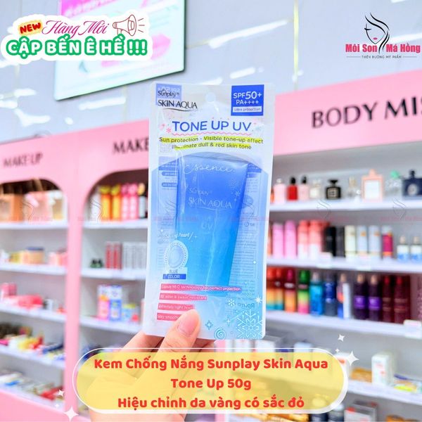 Kem chống nắng nâng tông Skin Aqua Tone up Blue cho da vàng có khuyết điểm đỏ, dạng tinh chất Sunplay Skin Aqua Tone Up UV Essence Blue SPF 50+ PA++++ 50g