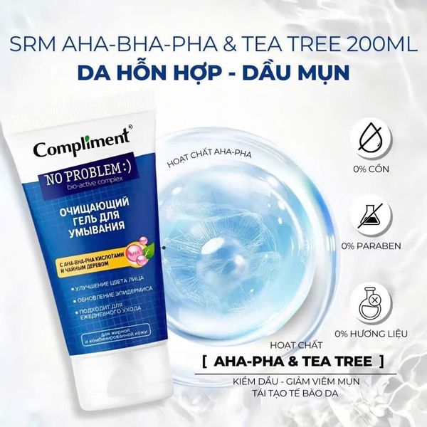 Gel Rửa Mặt Compliment AHA-BHA-PHA Tẩy Da Chết 200ml No Problem AHA - BHA - PHA & Tea Tree Cleansing Gel