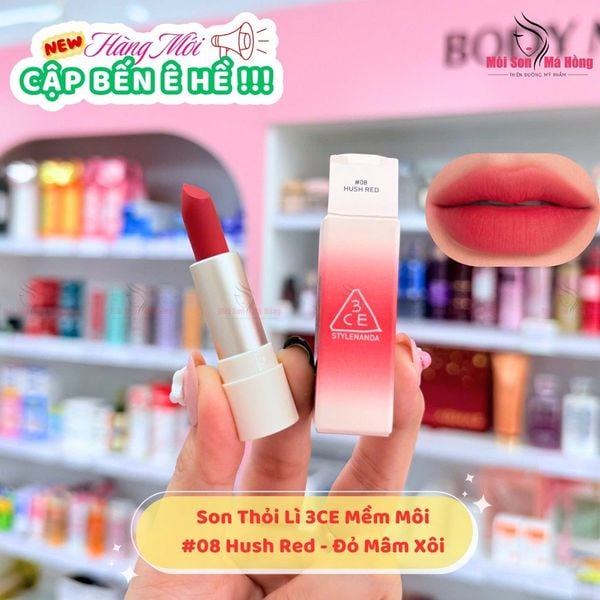 Son Thỏi Lì 3CE Cashmere Hug Lipstick 3.5g 08 Hush Red - Đỏ Thuần