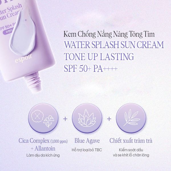 Kem chống nắng nâng tone, hiệu chỉnh da Màu tím Espoir Water Splash Tone Up Lasting Sun Cream SPF50+ PA++++ 50ml