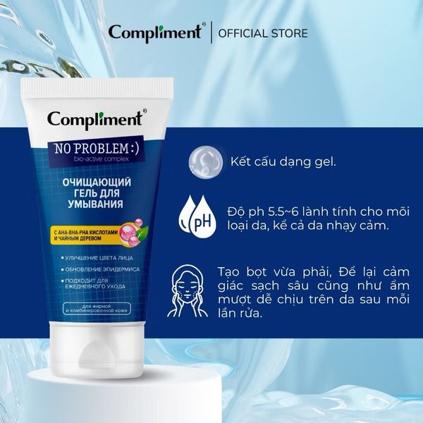 Gel Rửa Mặt Compliment AHA-BHA-PHA Tẩy Da Chết 200ml No Problem AHA - BHA - PHA & Tea Tree Cleansing Gel