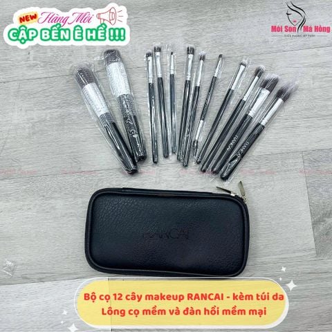 RANCAI Bộ Cọ Trang Điểm 12 Cây Màu Đen Kèm #Cán Bạc - Bao Da Vuông