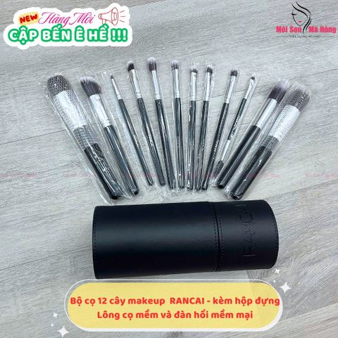 RANCAI Bộ Cọ Trang Điểm 12 Cây Màu Đen Kèm #Cán Bạc - Hộp Da tròn