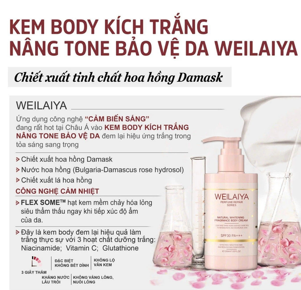 Kem dưỡng trắng da Weilaiya Natural Whitening Fragrance Body Cream SPF 30 PA+++ 200ml