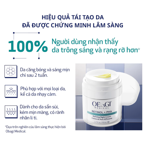 (CÔNG TY) Kem Dưỡng Giúp Căng Bóng Và Sáng Mịn Da Ban Đêm Obagi Retinol + PHA Refining Night Cream 50ml