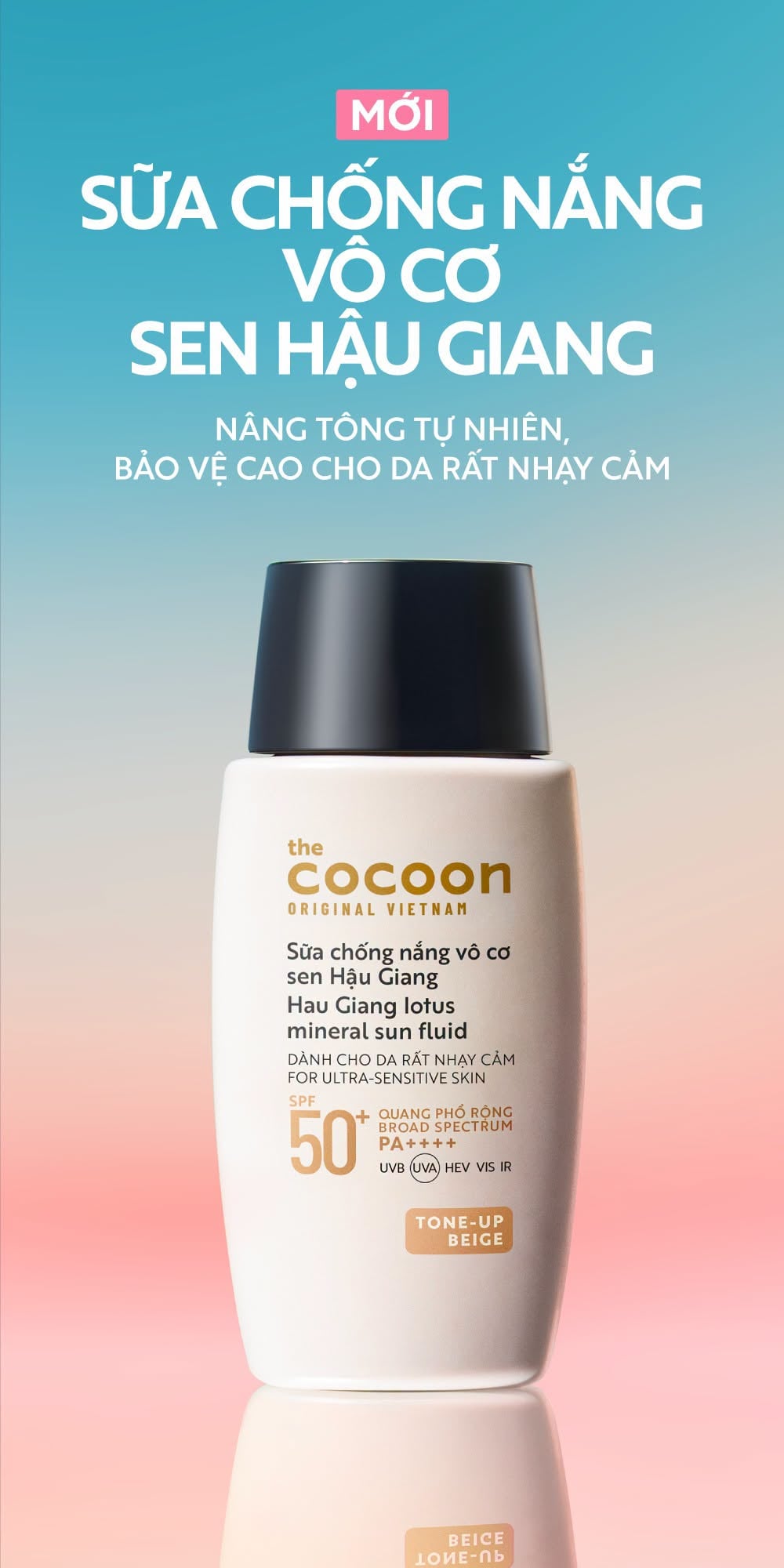 Sữa Chống Nắng Vô Cơ Sen Hậu Giang Cocoon Lotus Mineral Sun Fluid SPF 50+ PA++++ - Tone up Beige 50ml