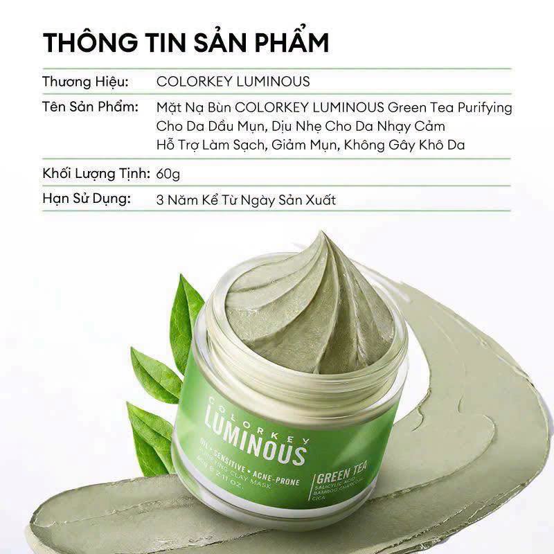 Mặt Nạ đất sét bùn khoáng Colorkey Luminous Green Tea Purifying Cleansing Clay 60g