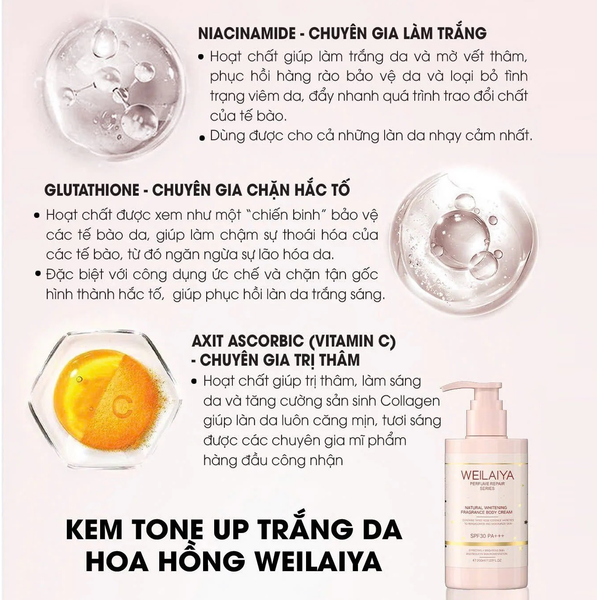 Kem dưỡng trắng da Weilaiya Natural Whitening Fragrance Body Cream SPF 30 PA+++ 200ml