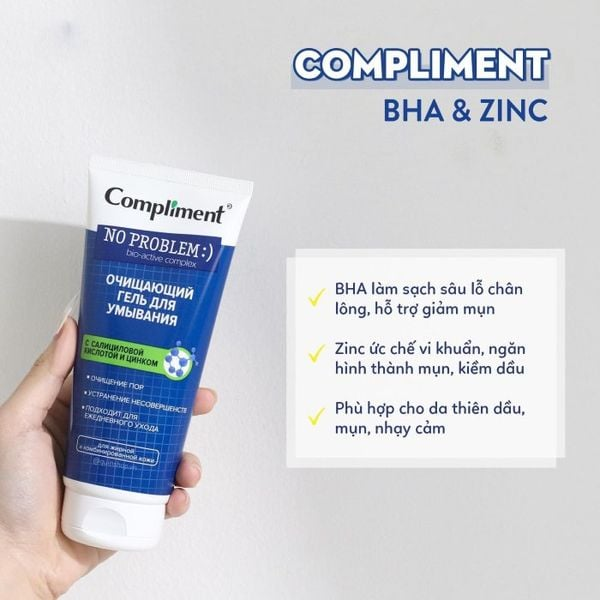 Gel Rửa Mặt Compliment BHA & Zinc Giảm Viêm Ngừa Mụn 200ml No Problem BHA & Zinc Cleansing Gel