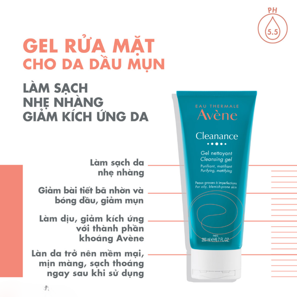 NEW Gel Rửa Mặt Avène Làm Sạch Da, Giảm Nhờn Mụn 200ml Cleanance Cleansing Gel